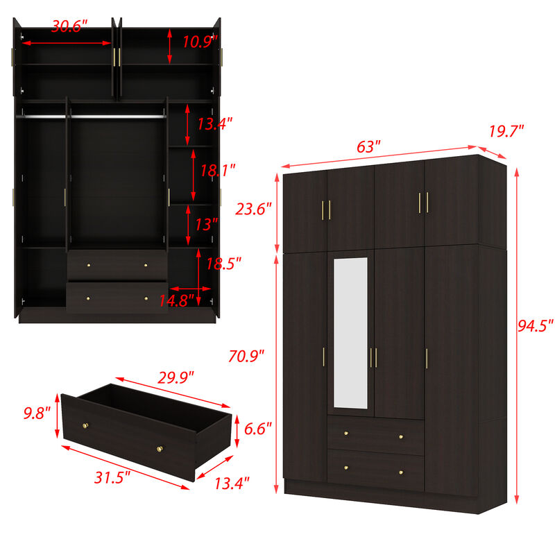 FUFU&GAGA Elegant Wardrobe with Mirror, Adjustable Shelves, and Spacious Drawers (63" W x 19.7" D x 94.5" H),Dark Brown