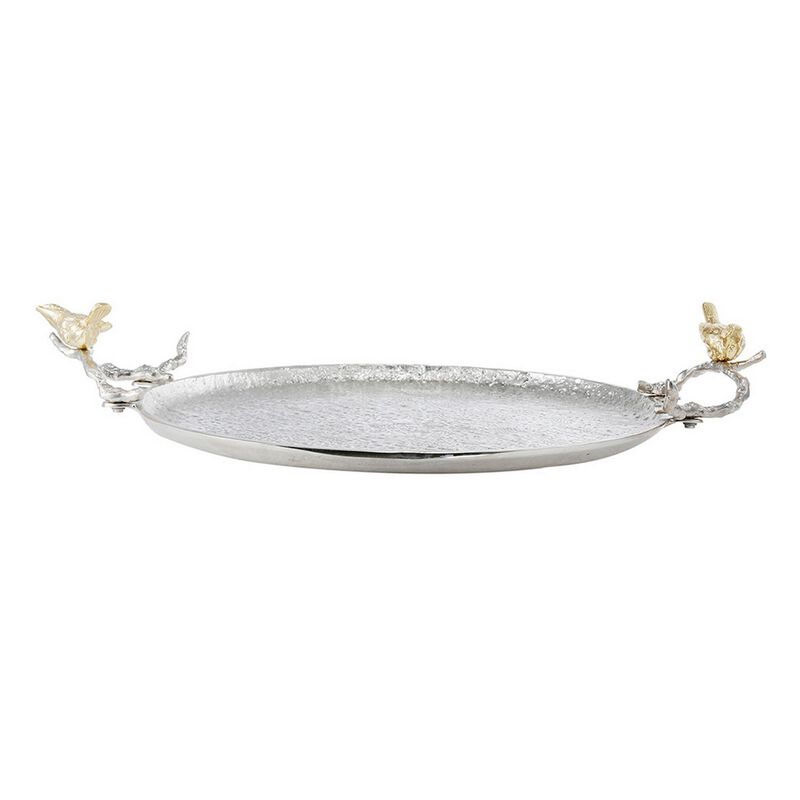 21 Inch Decorative Tray Set of 2, Perched Birds Silver Metal, Large-Benzara