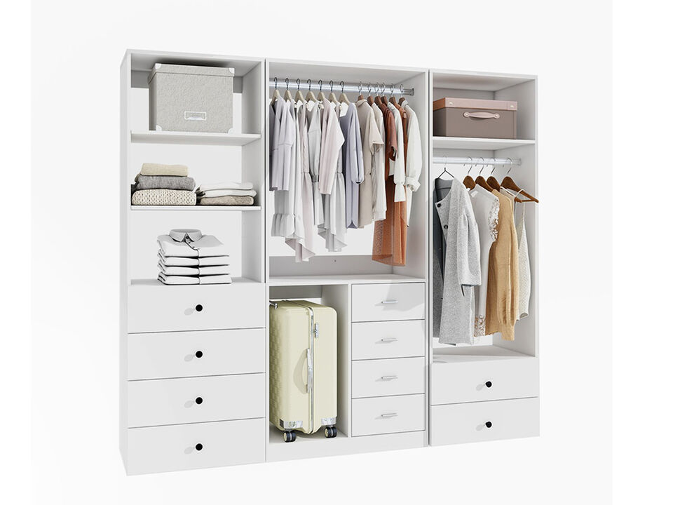 Wooden Closet Shelving System with 10 Drawers, Walk in Closet with Hanging Rail for Bedroom