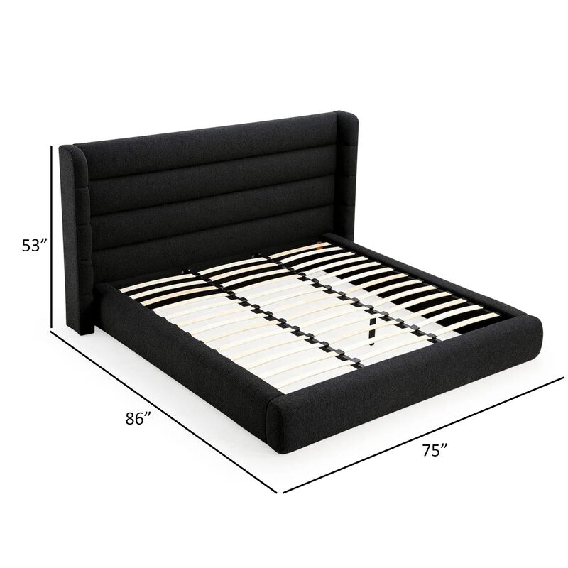 Mase Full Platform Bed, Boucle Upholstery, Wingback Headboard, Gray - Benzara