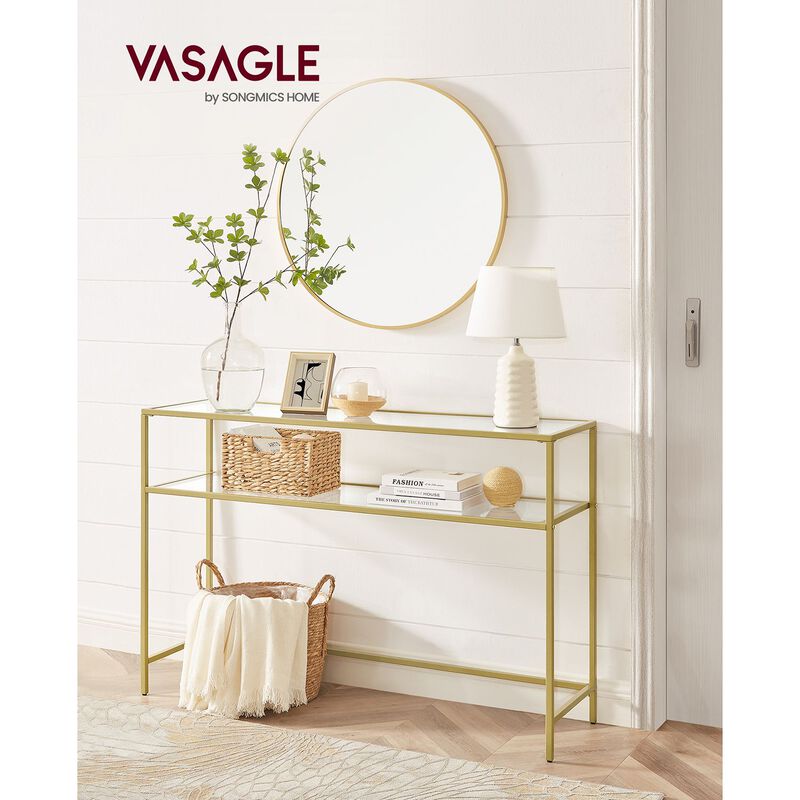 Modern Console Table with Tempered Glass & Metal Frame - Gold, 2 Shelves