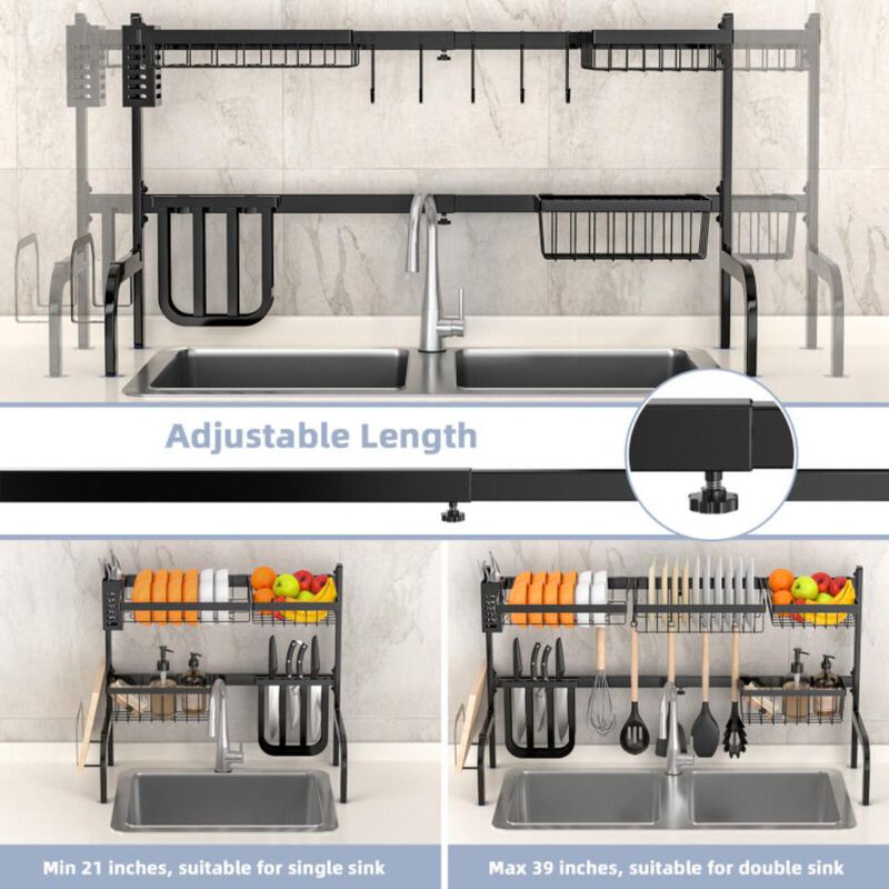 Hivvago 2 Tier Adjustable Over Sink Dish Drying Rack with 8 Hooks