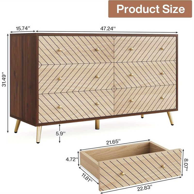 47-Inch Bedroom Dresser with 6 Drawers, Double Wide Chest of Drawers with Gold Legs, Wood and Metal Storage Dresser, 6-Drawer Dresser Cabinet (Dark Brown + Natural)