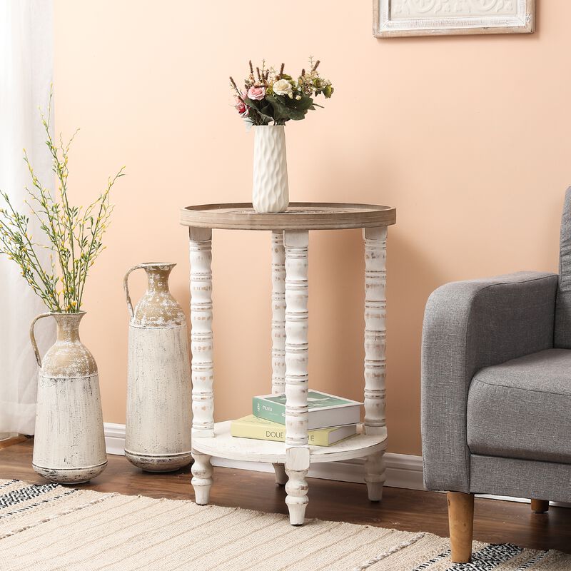 LuxenHome White and Natural Wood Round Accent Side Table with Storage