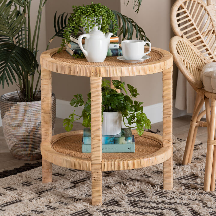 Baxton Studio Bella Modern Bohemian Natural Mahogany Wood and Natural Rattan 2 Tier End Table