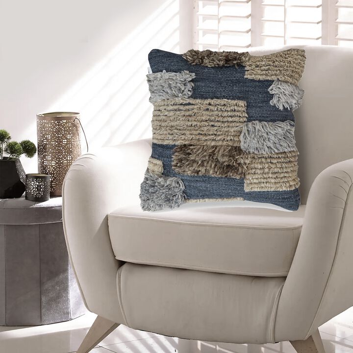 Throw Pillow Set of 4, 20 Inch, Cotton, Knotted Stripes, Patchwork, Blue -