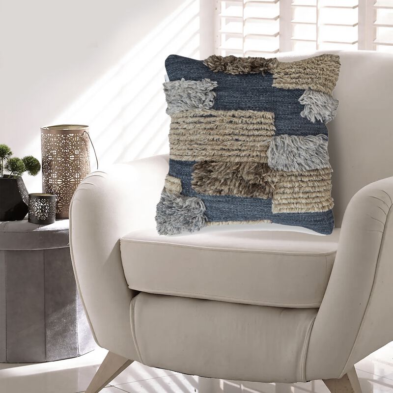 Throw Pillow Set of 4, 20 Inch, Cotton, Knotted Stripes, Patchwork, Blue -