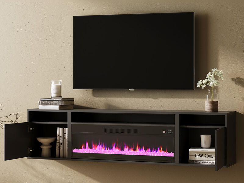 BELLEZE Floating Fireplace TV Stand Wall Mounted with 36" Electric Fireplace Heater, 70" LED Entertainment Center with Storage for TVs up to 75", Modern Media Console TV Shelf For Living Room (Black)