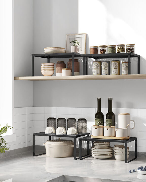 Set of 2 Stackable and Expandable Metal Cabinet Shelf Organizers for Kitchen Counter