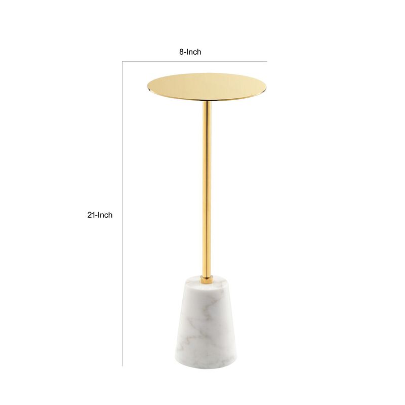 Sen 8 Inch Side End Drink Table, Round, White Genuine Marble, Gold Finish - Benzara