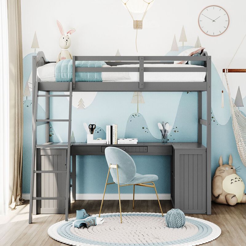 Twin Size Loft Bed With Drawers, Cabinet, Shelves And Desk, Wooden Loft Bed With Desk
