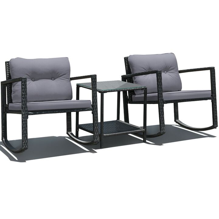 3 Pieces Cushioned Patio Rattan Set with Rocking Chair and Table-Grey