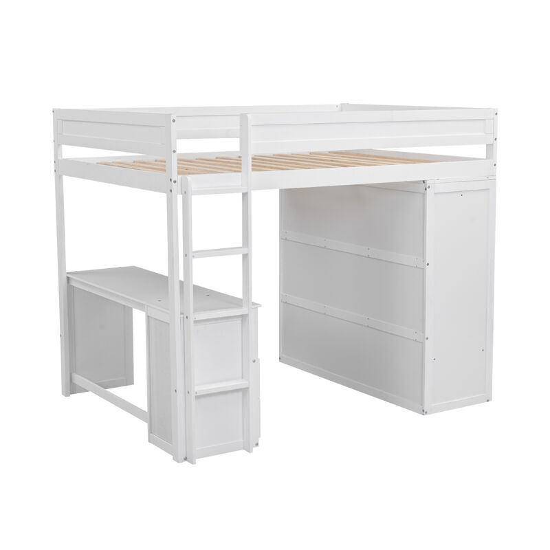 Wood Full Size Loft Bed With Wardrobes And 2-Drawer Desk With Cabinet