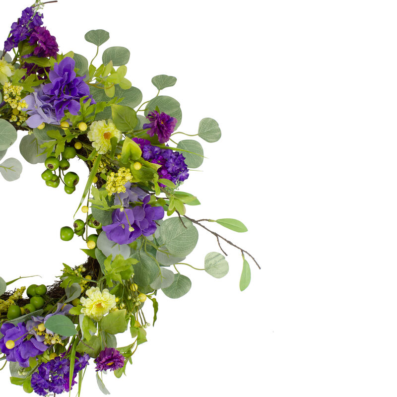 Eucalyptus and Hydrangea Floral Berry Spring Wreath  Purple and Yellow 23"