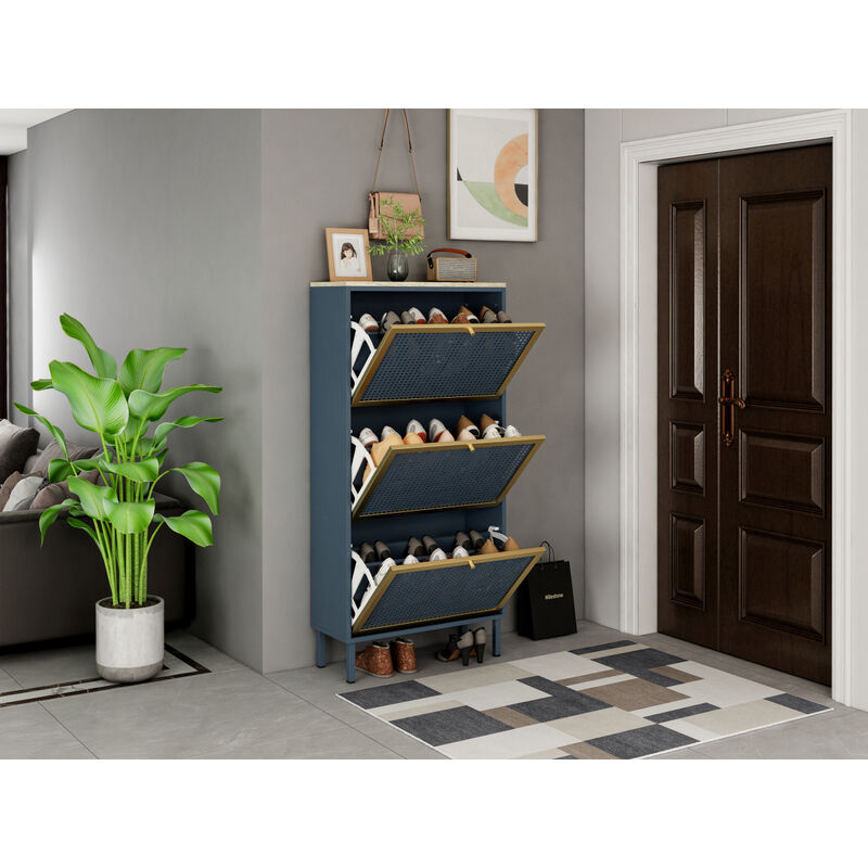 3 Metal Door Shoe Rack, Freestanding Modern Shoe Storage Cabinet, Metal Rattan, For Entryway