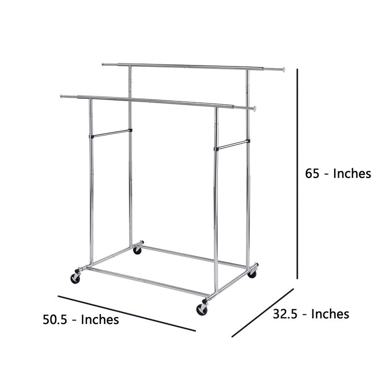 Dual Bar Tubular Metal Frame Garment Rack with Casters, Chrome - Benzara