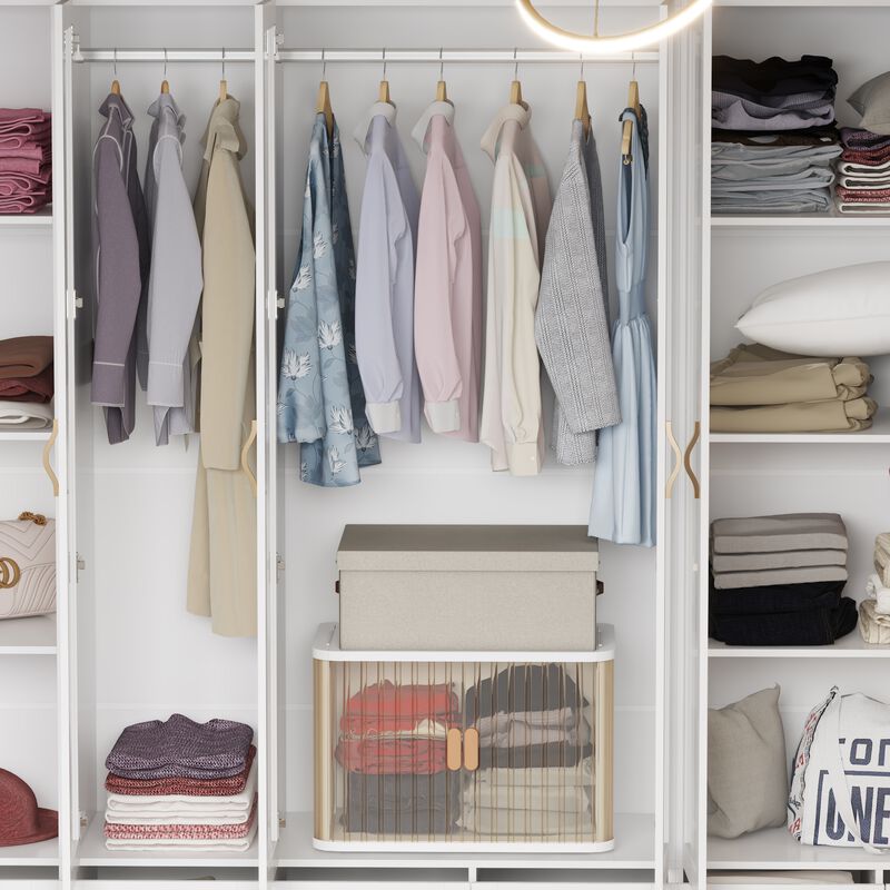 White Armoire Wardrobe Closet with Glass Doors, 9 Drawers, 4-Tier Shelves & Hanging Bar, Wooden Closet Storage Cabinet with Large Compartment for Bedroom