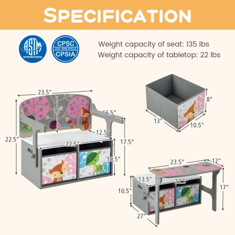 Hivvago 3 in 1 Kids Convertible Activity Bench with 2 Removable Fabric Bins