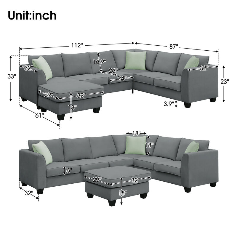 7-Seat L-Shaped Modular Sectional Sofa Set, Grey