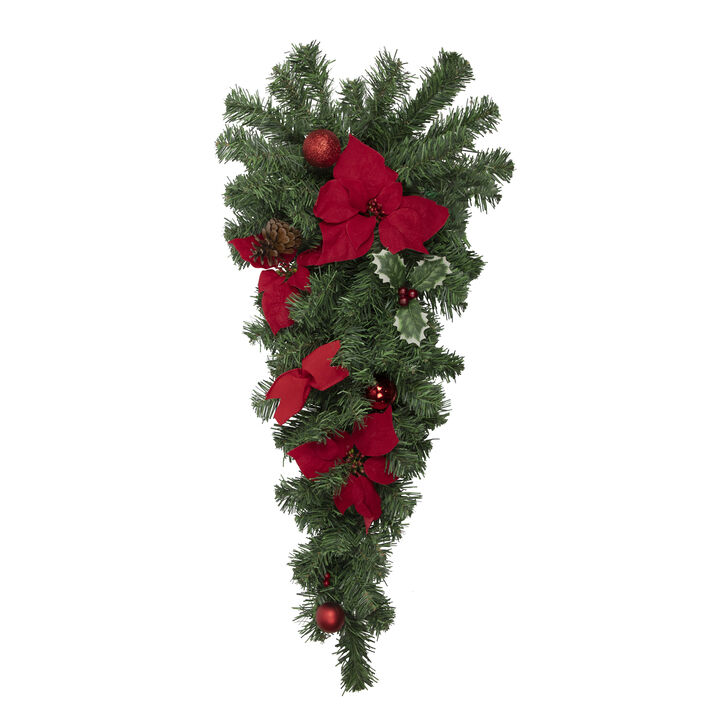 32" Red Poinsettia Pine Cone and Ball Artificial Christmas Teardrop Swag  Unlit