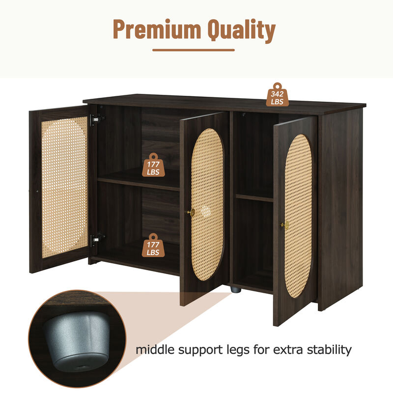 Clihome Retro 3-Door Sideboard with Large Storage Space Artificial Rattan Doors and Metal Handles, Accent Cabinet for Living Room and Hallway (Brown)