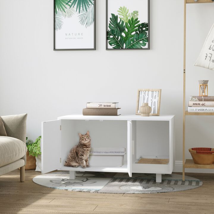 White Kitty Bathroom: Wooden Litter Box End Table with Scratcher
