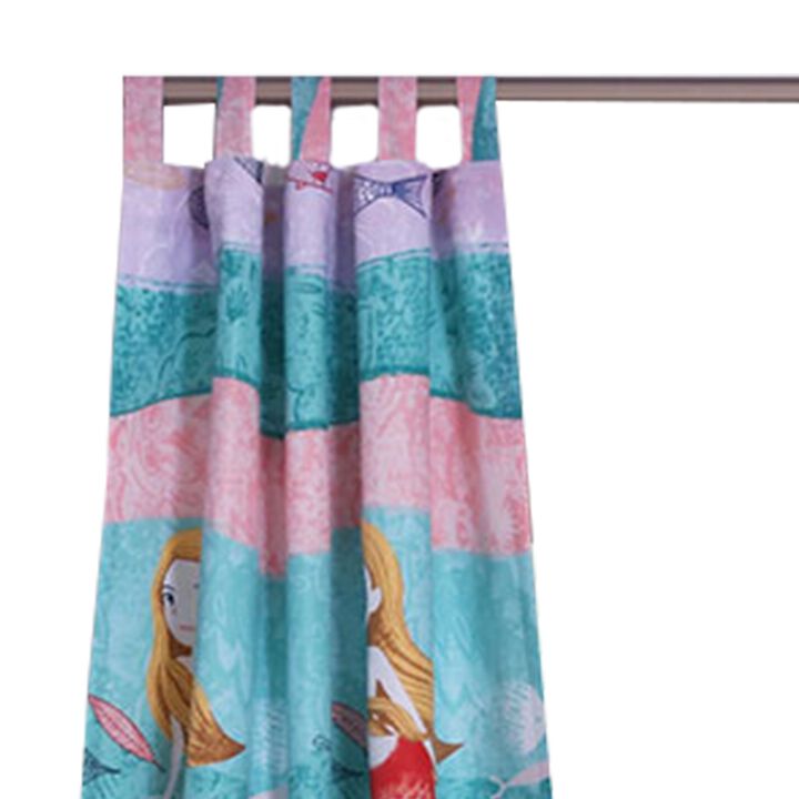 Wini 4 Piece Window Curtain Panel Set, Mermaid Design, Pink, Blue Polyester - Benzara
