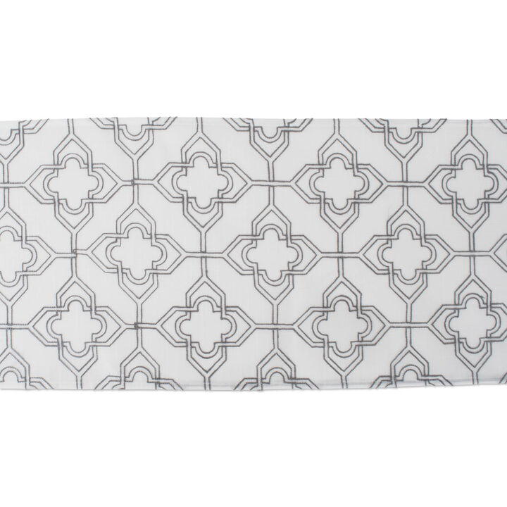 70" Gray and White Moroccan Style Embroidered Table Runner