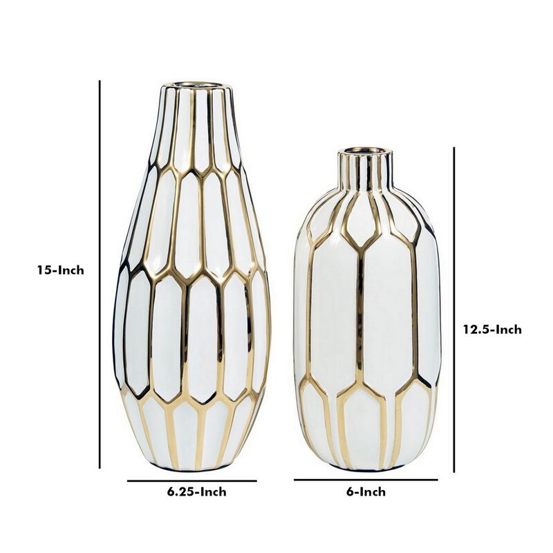 Vase with Honeycomb Geometric Design, Set of 2, White and Gold-Benzara