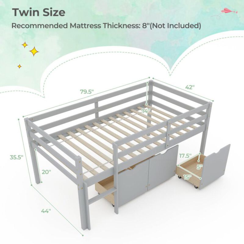 Hivvago Twin Size Low Loft Bed with 3 Drawers with Ladder and Full-length Guardrails