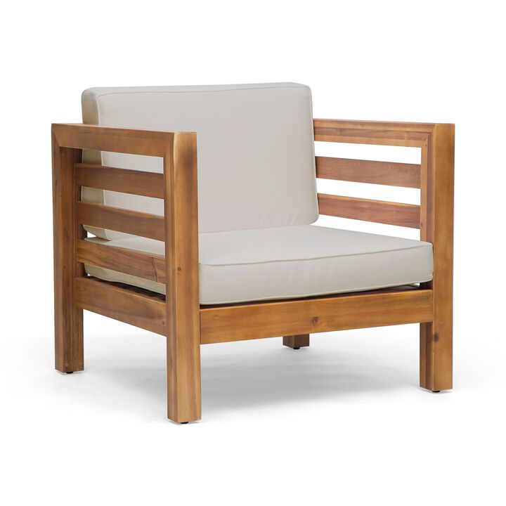 Carie Outdoor Accent Chair, Beige, Soft Cushions, Brown Acacia Wood - Benzara