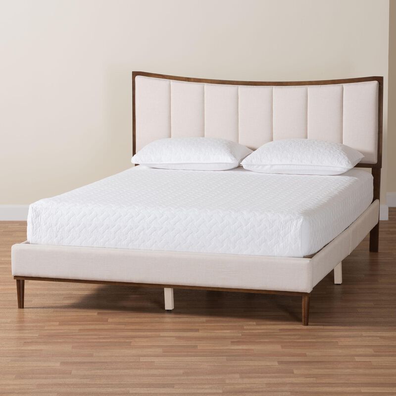 Baxton Studio Nikolai Mid Century Channel Tufted Beige Fabric and Wenge Brown Wood Queen Bed