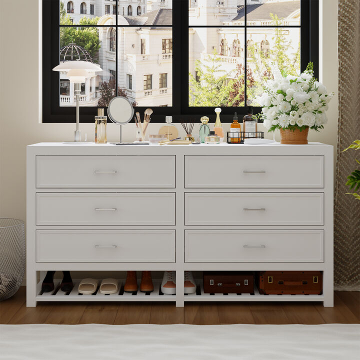 FUFU&GAGA Modern White 6-Drawer Dresser with Open Storage Shelf,（63” W x 15.7” D x 33.1” H), White