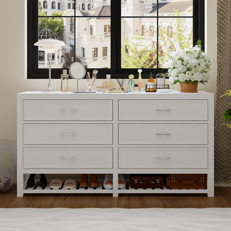 FUFU&GAGA Modern White 6-Drawer Dresser with Open Storage Shelf,（63” W x 15.7” D x 33.1” H), White