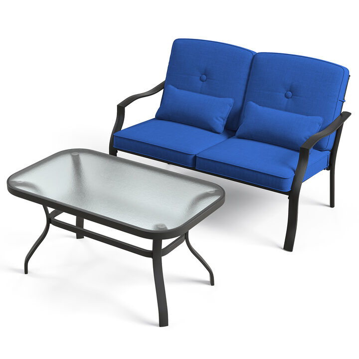 Outdoor Loveseat Chair Set with Tempered Glass Coffee Table