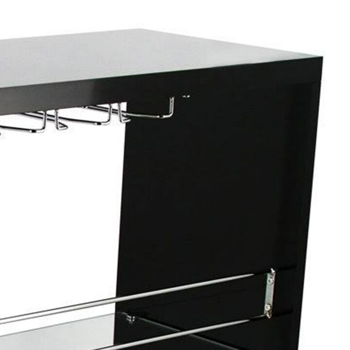 Zaina 42 Inch Modern Bar Table, 3 Shelves, Tempered Glass, Black, Chrome - Benzara