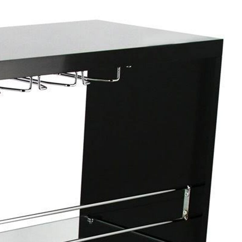 Zaina 42 Inch Modern Bar Table, 3 Shelves, Tempered Glass, Black, Chrome - Benzara