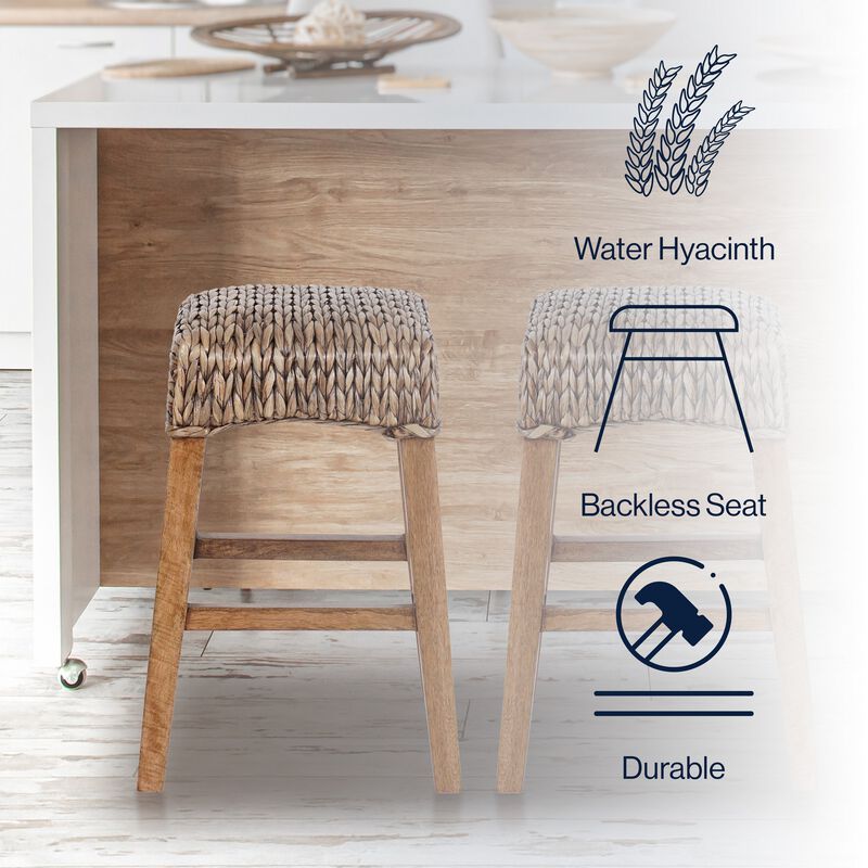 Maui Rustic Bohemian Hyacinth/Wood Backless Bar Stool