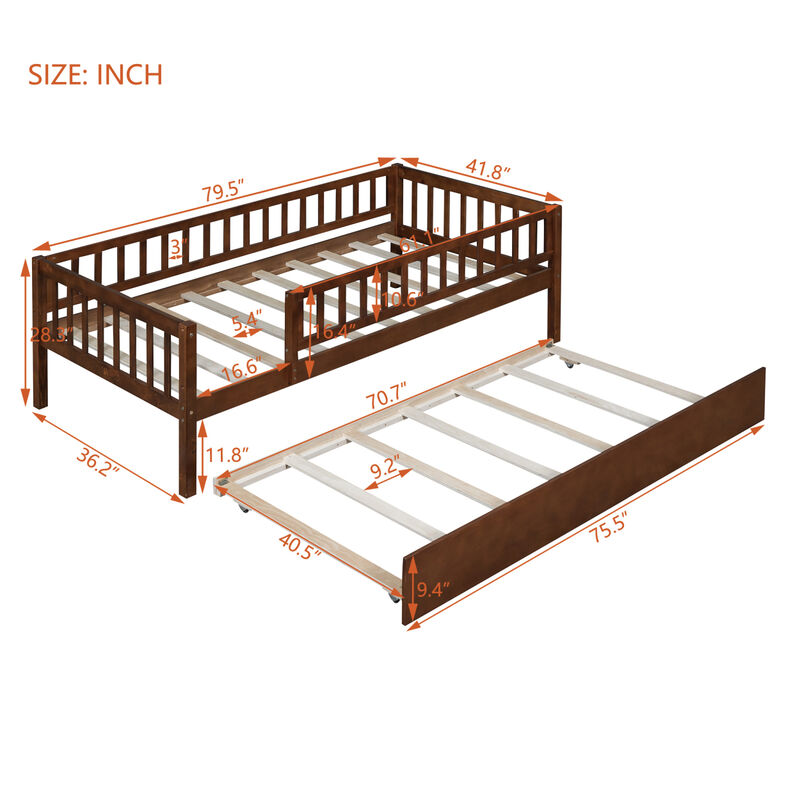 Twin Size Wood Daybed With Trundle And Fence Guardrails