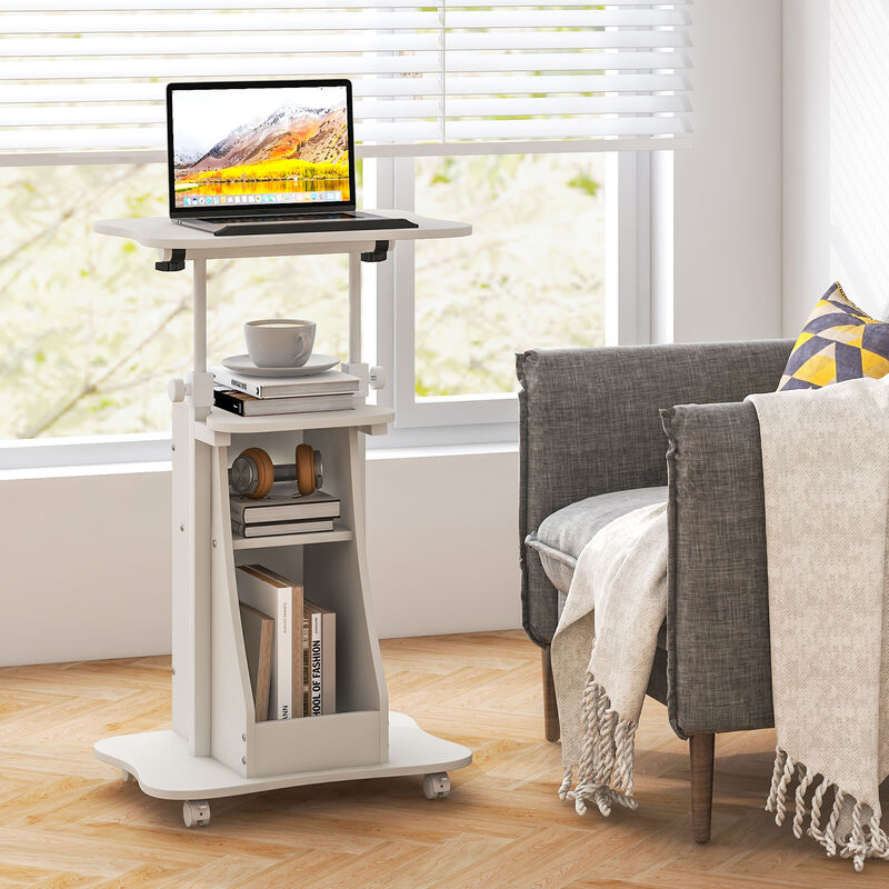 Mobile Podium Stand Height Adjustable Laptop Cart with Tilting Tabletop and Storage Compartments