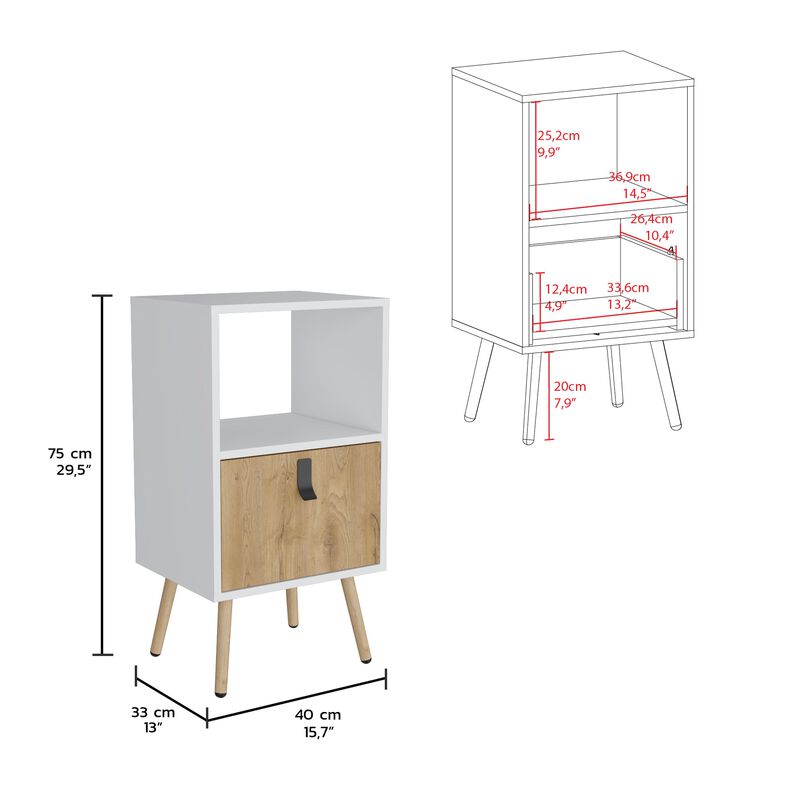 Huna Tall Nightstand with Open Storage and Drawer in Modern Design-White / Macadamia