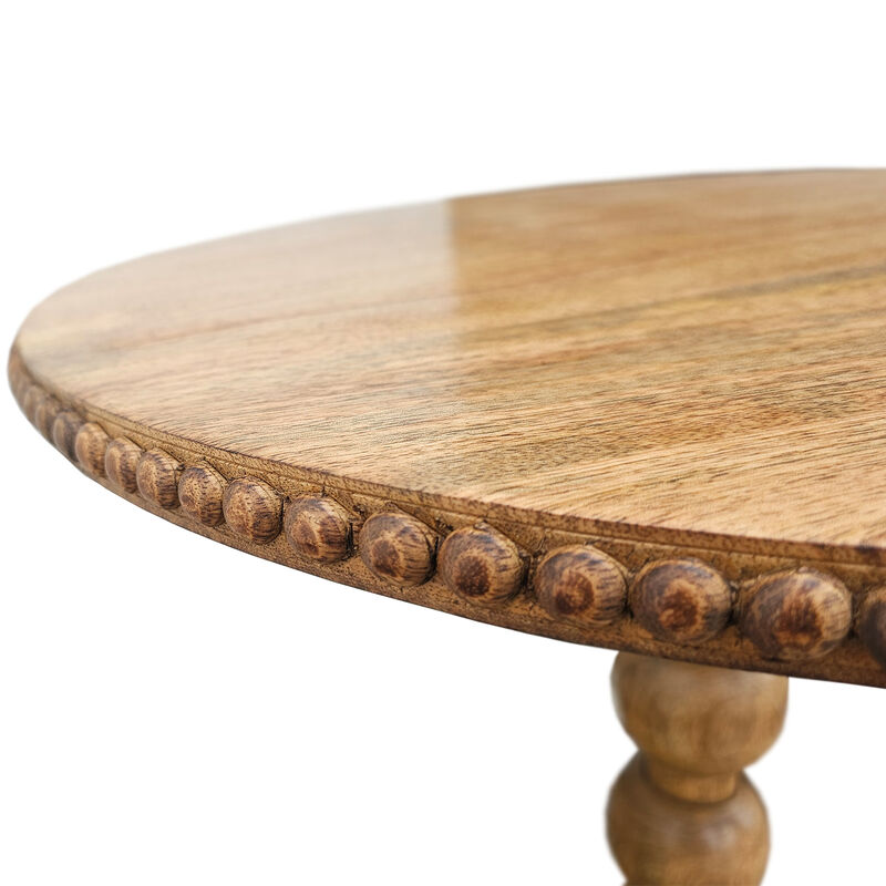 21 Inch Side End Table, Round Top, Stacked Ball Post, Natural Brown Mango Wood - Benzara