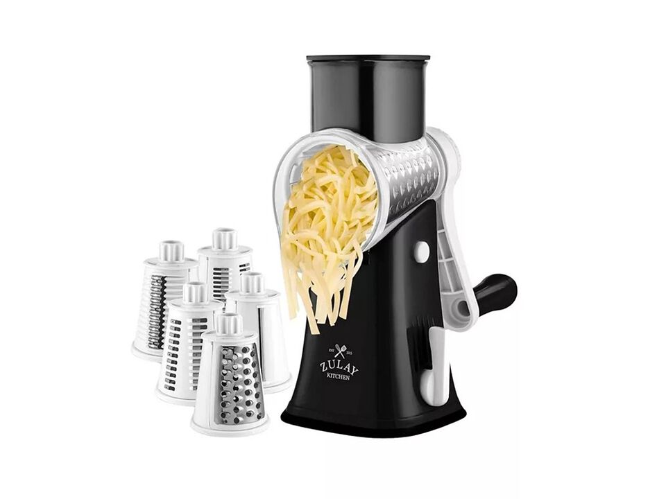 Zulay Kitchen 5 Blade Rotary Cheese Grater with 5 Interchangeable Drums Hand Crank Cheese Shredder and Slicer with Reinforced Suction