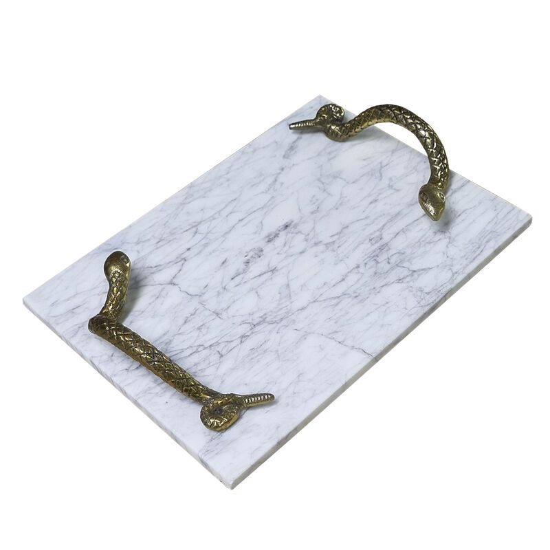 Mamba White Marble Decorative Serving Tray with Brass Snake Handles - Benzara