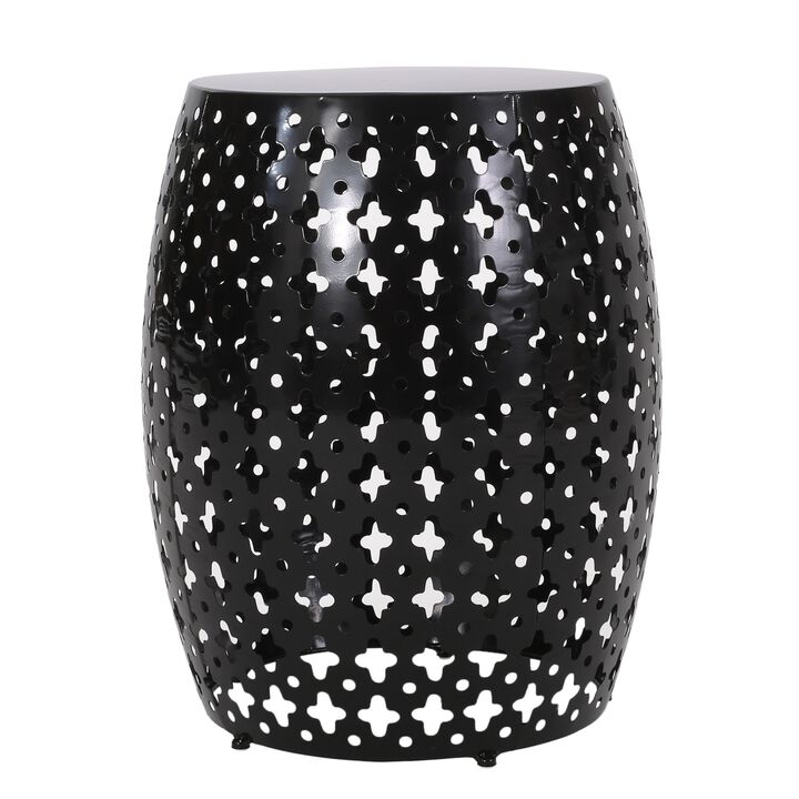 Miami Outdoor End Table, Cutout Design, Round 17 Inch, Black Iron - Benzara