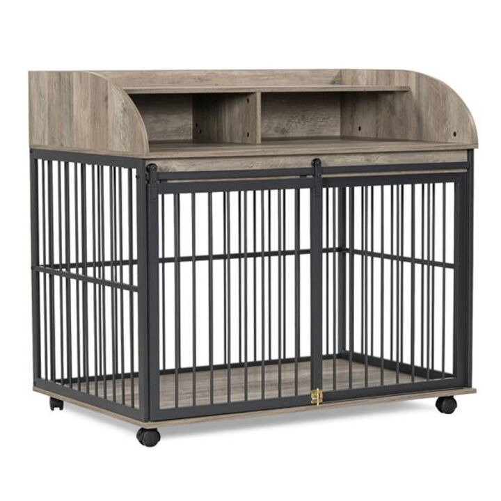 Large Dog Crate Furniture with Lockable Wheels, Wooden Dog Kennel, and Double Storage Layers