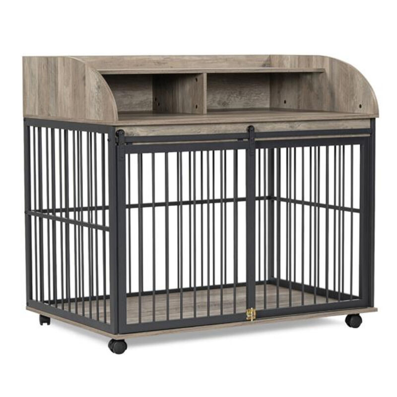 Large Dog Crate Furniture with Lockable Wheels, Wooden Dog Kennel, and Double Storage Layers