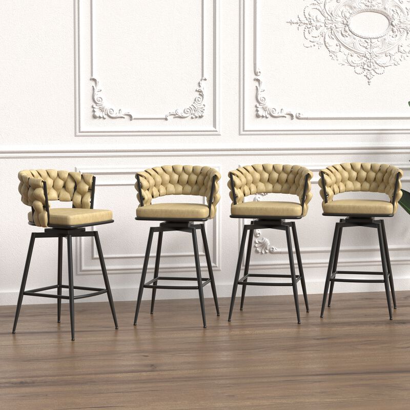 Luxurious Swivel Bar Stools Woven Backrest, Soft Leather, 360° Rotation