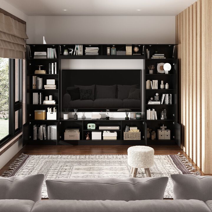 4-Piece Black Wood Entertainment Center TV Console with Door Cabinets, Bookshelves, LED Lights for TVs up to 75 in.