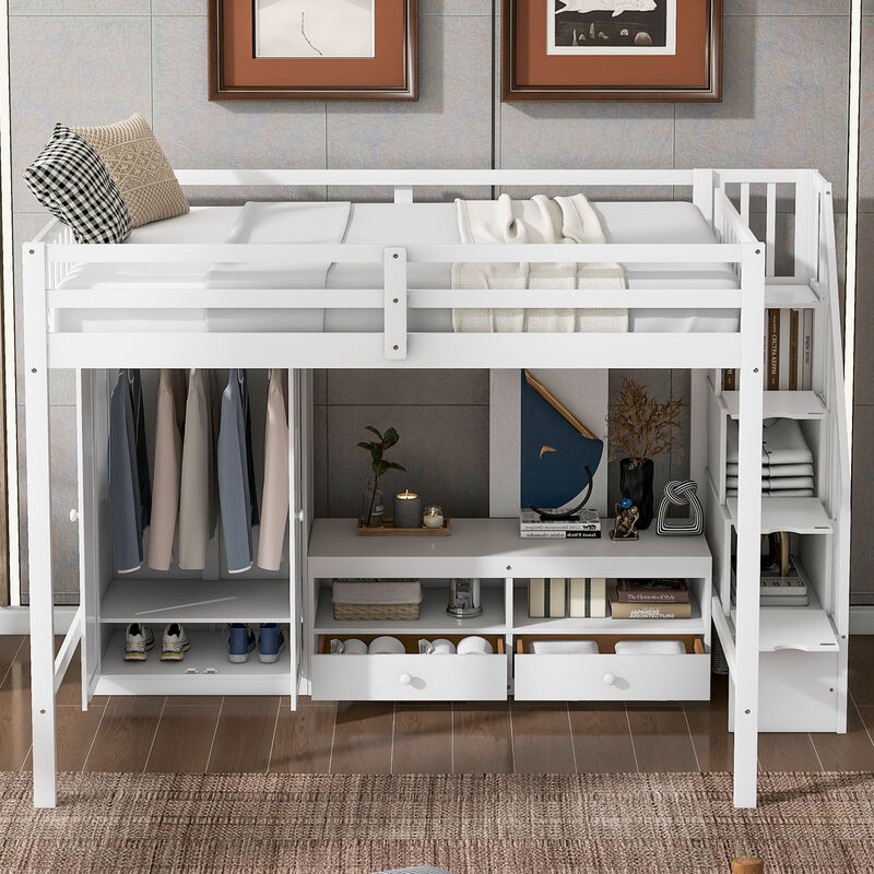 Merax Loft Bed with Wardrobe and Storage Staircase